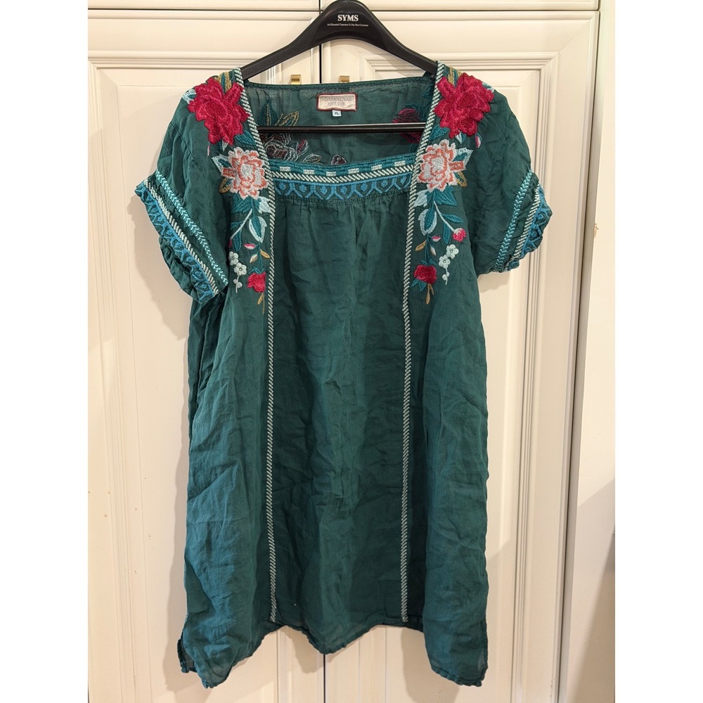 Johnny Was Embroidered Tunic Womens XL Green  Floral Boho Top Dress